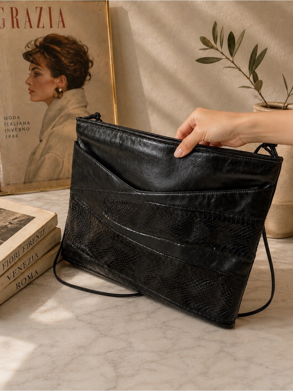 Paola del Lungo for Renora Vintage Black Leather & Snakeskin Clutch/Shoulder Bag